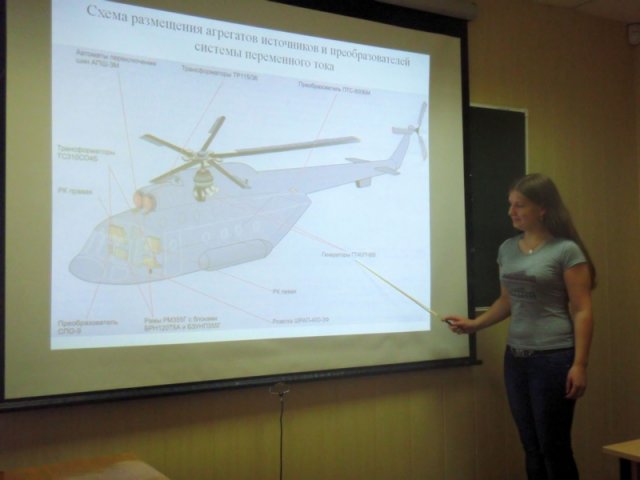 студентка Логунова М.С. показывает размещение и поясняет особенности монтажа электрооборудования вертолета на УУАЗ